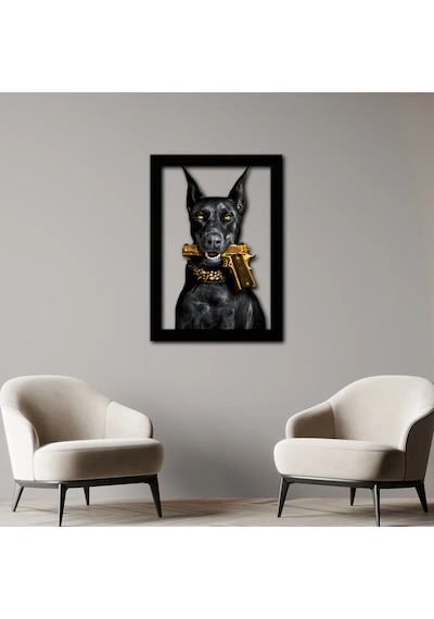 Golden Guard Doberman Metal Tablo Altın Detaylı Karizmatik Duva Çok Renkli