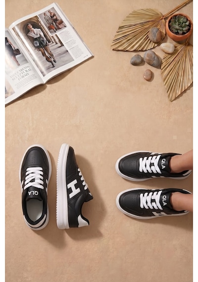 Ayakkabı Fuarı Elit Asqla1457 Kadın Klasik Sneaker Siyah - Beyaz