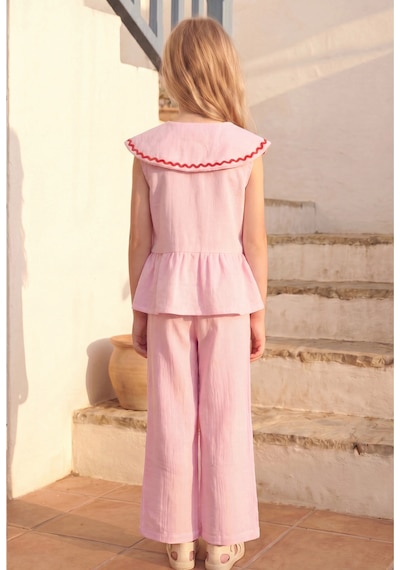 Magu Kız Çocuk Pamuklu Pembe Bebe Yaka Kalp Cep Detaylı Bluz Pantolon Takım