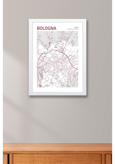 Bologna İtalya Italy Haritası Çerçeveli Tablo Lüks Salon Ofis Duvar Dekorasyonu Hediyelik Tablo Beyaz