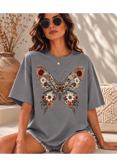 Velaura Studio Çiçekli Kelebek Kadın T-shirt Açık Füme