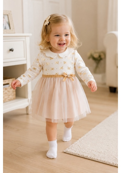 Babyhola Tül Etekli Kız Bebek Elbise Gold Varak Detaylı 15404 Sarı