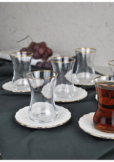 12 Parça Yaldızlı Cam Çay Takımı Porselen Çay Seti Çay Bardağı - Pera 6 Kişilik Şeffaf