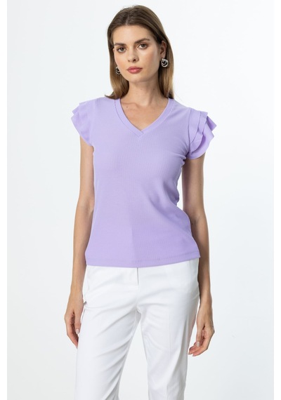 On Kadın Minimalist V Yaka Kısa Kol Bluz - Regular Fit Lila