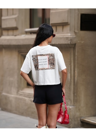 Kadın Bisiklet Yaka Kısa Kollu Oversize Crop Tshirt Ekru