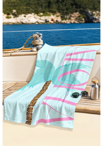 Palmiye Yazılı Mikrofiber Plaj Havlusu - Tropikal Modern Mint Pembe Hızlı Kuruyan Mikrofiber Havlu Puslu Mercan