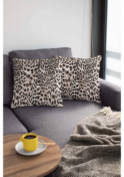 Bej Leopar Desenli Çift Taraflı Yastık Kırlent Kılıfı Krl050n11