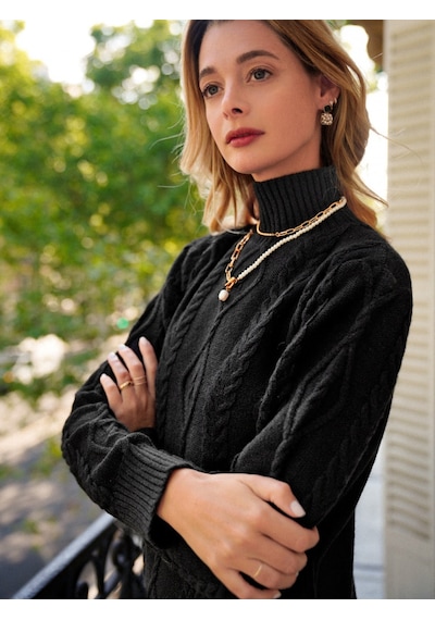 Loren Yünlü Motifli Midi Boy Triko Elbise Siyah