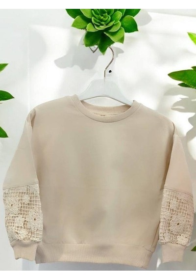 Kız Çocuk Pamuklu İki İplik Kolları Güpür Yuvarlak Yaka Sweatshirt-14464 Bej