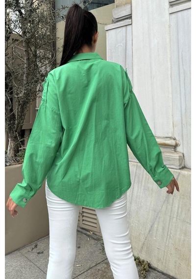 WeShaya Kadın Benetton Yeşil Apolet Ve Zımba Detaylı, Salaş Kesim, Terletmez, Poplin Gömlek Benetton