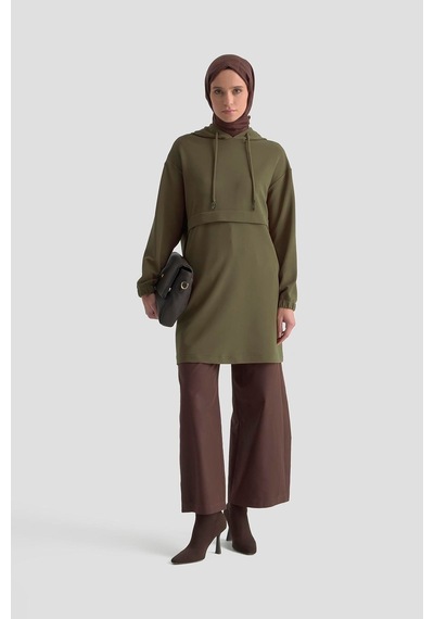 Armine Trend Kapüşonlu Yandan Cepli Kolları Lastikli Fitilli Tunik Haki 25kt462 Haki