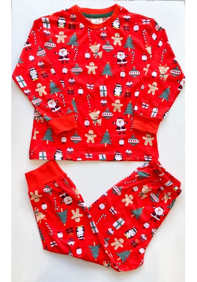 Bmt Bebek %100 Pamuk Kırmızı Yılbaşı Temalı Çocuk Pijama Takımı 3-12 Yaş