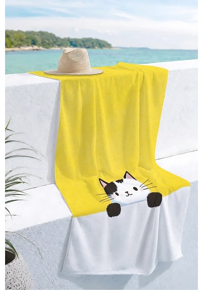 Kedi Figürlü Sarı Çocuk Plaj Havlusu - Sevimli Minimalist Beyaz Çocuk Hızlı Kuruyan Mikrofiber Havlu Pastel Melon