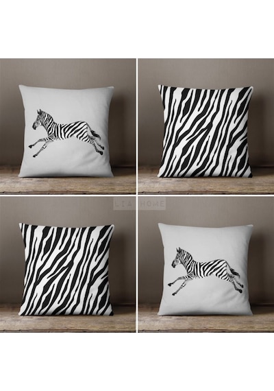 Çift Taraflı Zebra Desenli Dekoratif 4'lü Kombin Kırlent Kılıfı Seti - Siyah-Beyaz