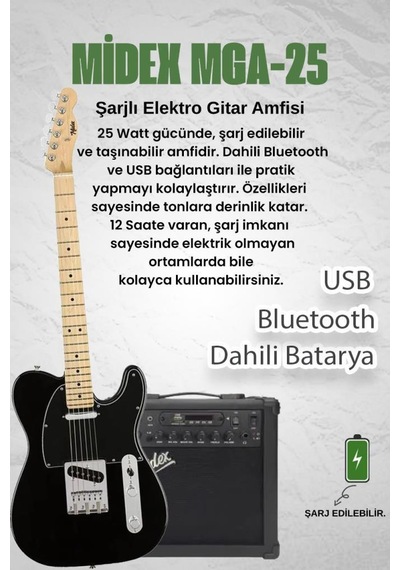 Midex TLX - 50BK - 25AMP Tele Kasa Maple Klavye 2 Single - Coil 25W Amfili Elektro Gitar