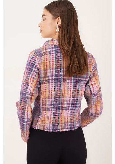 Armonika Kadın Sarı-fuşya Kruvaze Yaka Tüvit Crop Ceket Arm-24k001014
