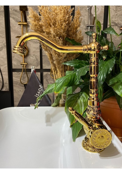 İsaoğlu Yapı Altın Rustik Mutfak Bataryası Musluk Gold Premium Işlemeli Rustik Evye Bataryası Gold