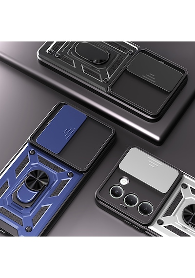 Xiaomi Redmi 15 Kılıf Sürgülü Kamera Koruyucu Manyetik Standlı Tank Koruma Cherena Mavi