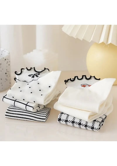 Shopiolog Sevimli Marul Desenli Bilek Çorabı 6'lı Paket Siyah - Beyaz