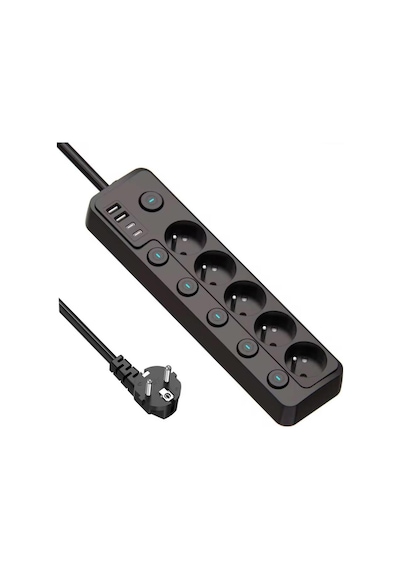2 Mt Kablolu Power Tuşlu Isıya Dayanaklı 5'li Grup Priz Uzatma 2x Usb 2x Type-c Çıkışlı Priz Uzatma 2 M