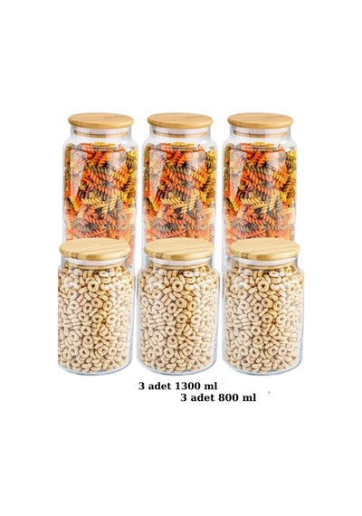 Zone 6'lı 800ml Ve 1300ml Cam Saklama Kabı Seti Bambu - Şeffaf