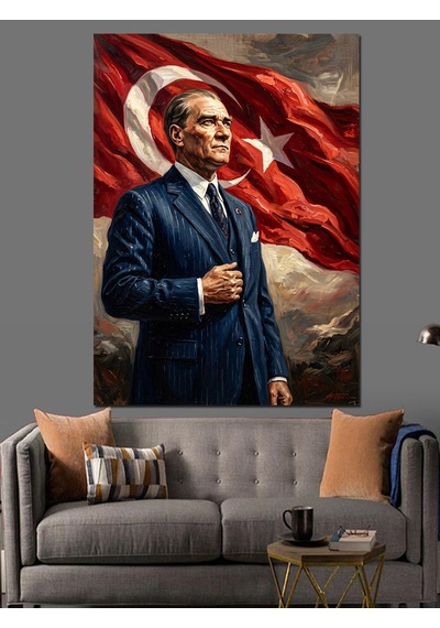 Türk Bayrağı Önünde Asil Atatürk Dekoratif Kanvas - Mdf Ahşap Tablo