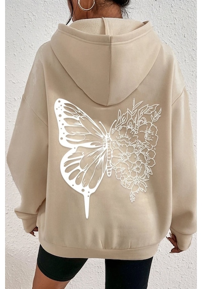 Uyguntarz Unisex Drawing Butterflies Sırt Baskılı Sweatshirt Bej