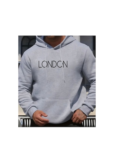 Herkesemoda London Baskılı Kapşonlu Gri Sweatshirt Gri