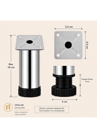 18 Adet Metal Ayarlanabilir 10 Cm Krom Destek Ayak Mobilya Kanepe Baza Koltuk Dolap Sehpa Tv Ünitesi Ayağı
