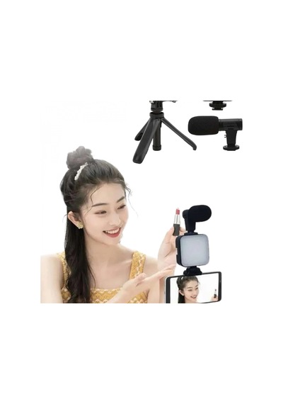 Tripod Telefon Tutucu Kumandalı Mikrofonlu Led Işıklı Mini Vlog Video Kayıt Kiti
