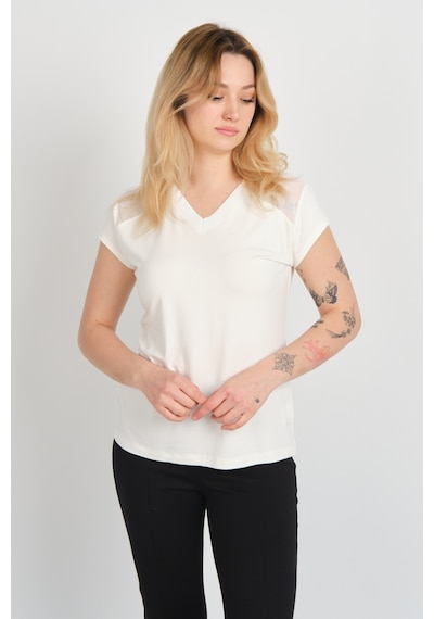 Sistas Kadın V Yaka Omuz Ve Sırt Tül Detaylı Kısa Kol Bluz 4148 Ekru Ekru