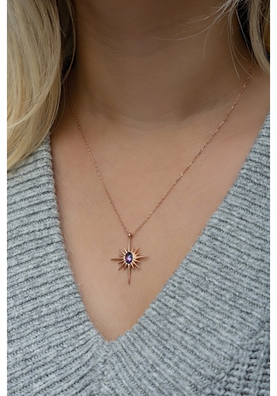 925 Ayar Gümüş Mor Taşlı Kutup Yıldızı Kolye Rose Gold