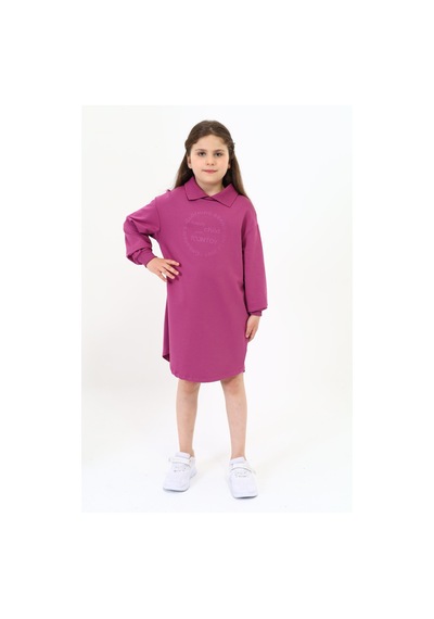 Kız Çocuk Baskılı Oversize Polo Yaka Uzun Kollu Elbise Mürdüm