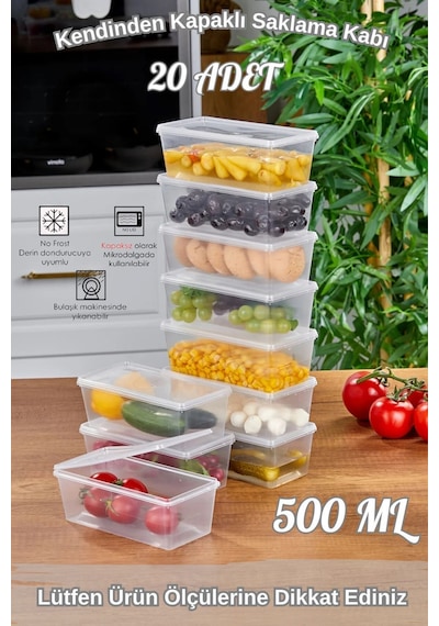 20 Adet Kendinden Kapaklı Derin Dondurucuya Uygun Saklama Kabı ,düzenleyici 500 Ml Şeffaf