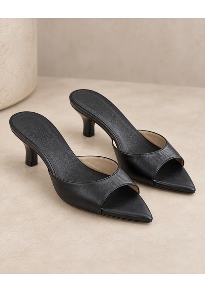 Yeo-leather Siyah Hakiki Deri Önü Açık Sivri Burun Kadın Topuklu Terlik/sandalet 5cm