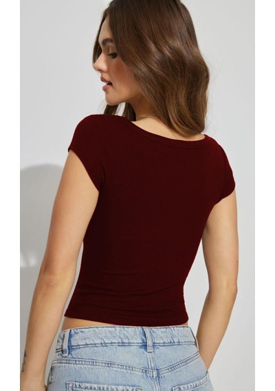 Madmext Bordo Geniş Yaka Kadın T-shirt Mg2341 Bordo
