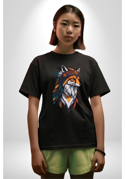 Kızılderili Tilki Pamuklu Bisiklet Yaka Unisex Oversize Boyfriend Dijital Baskılı Siyah T-shirt Siyah