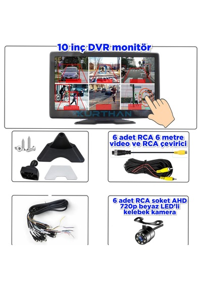 10 İnç 6 Ch 512 Gb Dokunmatik Usb Bsd Dvr Ekran Ahd 720p Rca Beyaz Ledli Kelebek Kamera 12 Volt