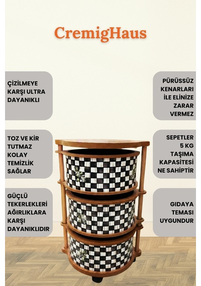 Ahşap Sebzelik Geleneksel Tasarım Yuvarlak Dama Desenli 3 X 5 Kg Kapasiteli Hazır Gönderim Diğer