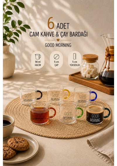 Good Morning 6'lı Borosilikat Cam Kahve Ve Çay Bardağı Seti 90 Ml Renkli Kulplu 6 Adet Çok renkli