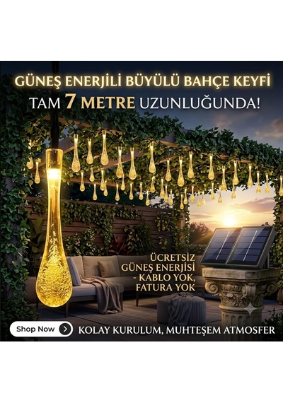 7 Metre Solar Damla Led Aydınlatma - Güneş Enerjili Dekoratif Bahçe Ve Balkon Işığı Çok Renkli