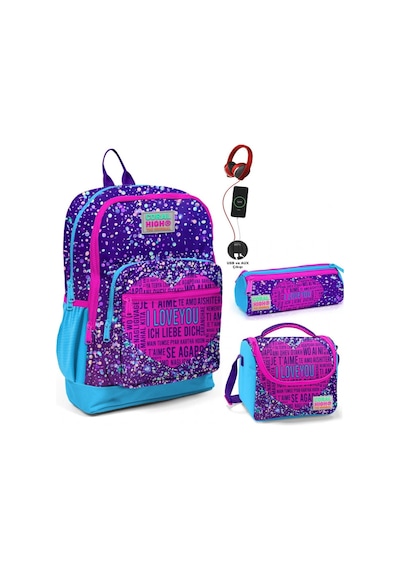 Coral High Mor Mavi Kalp Usb Soketli Üçlü İlkokul Çanta Seti - Kız Çocuk