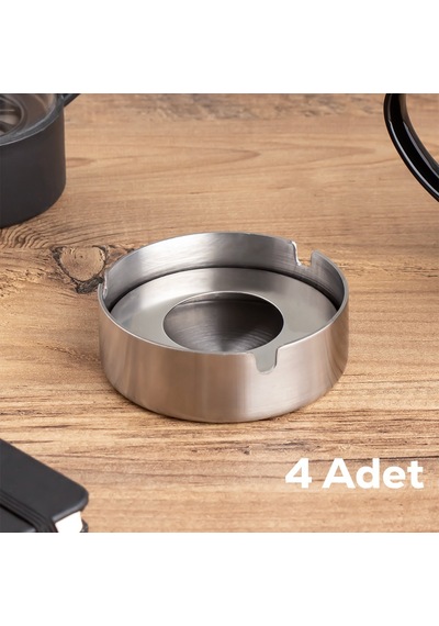Porsima 4'lü Te-136 Paslanmaz Çelik Metal Kül Tablası - Kapaklı Rüzgar Geçirmez Küllük