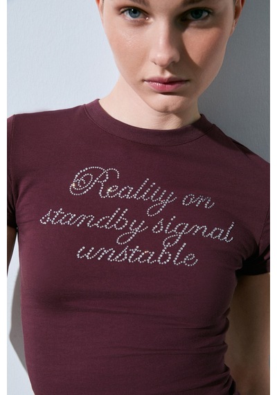 Grımelange Vanyrose Kadın Yumuşak Kumaşlı %100 Pamuk Taş Detaylı Slim Fit Bordo T-shirt Bordo