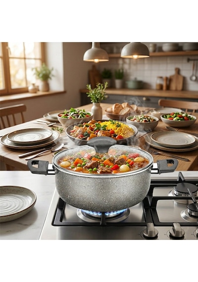 Papilla Fred 22 Cm Derin Granit Tencere - Cam Kapaklı Gri Kırçıllı Brkt-712241- 6'li Paket Diğer