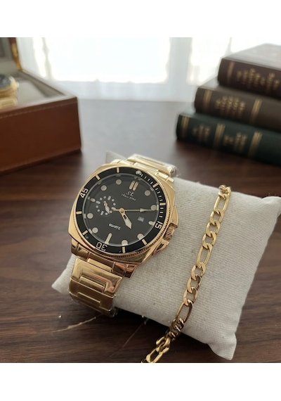 Erkek Bezel Kol Saati Bileklik Hediyeli Yeşil Kadran Takvimli Çelik Kordon Quartz Analog Saat Frn09 Siyah