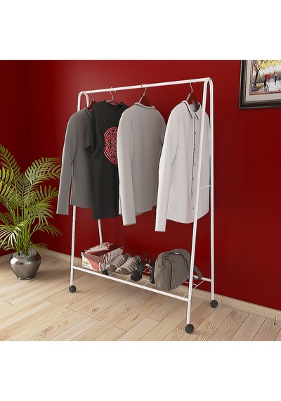 Metallica Concept Tekerlekli Oval Askılık Ayaklı Metal Askılık Konfeksiyon Butik Askılık Beyaz