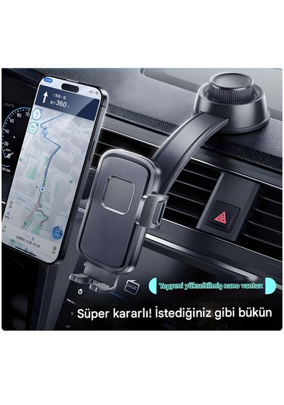 Cepini At-04 Araç Telefon Tutucu Güçlü Vantuzlu, 180 Katlanabilir Kol, 360 Dönebilir Braket Siyah
