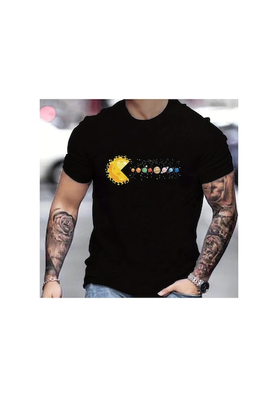 Caddemia Yaz Gevşek Ve Rahat Rahat Güneş Sistemi Gezegenleri Baskılı Yuvarlak Boy Siyah 2XL