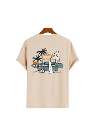 Genius Store Erkek Tişört Pamuklu Kumaş Sırt Baskılı Tişört Sokak Modası Rahat Kalıp T-shirt Vosvos-bej